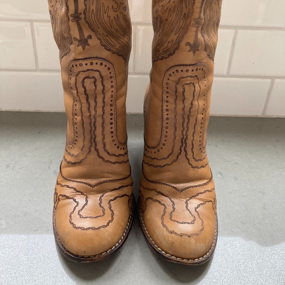 Anthropologie Tan Embroidered Leather Knee-High Heeled Boots - Picture 3 of 11